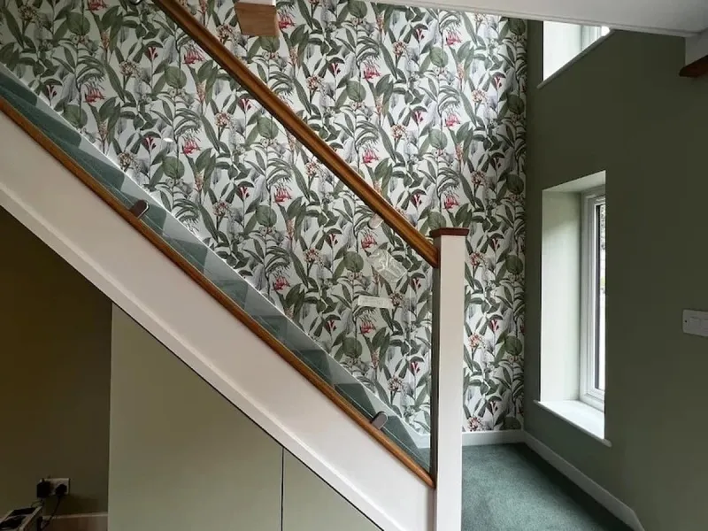 wallpapered staircase